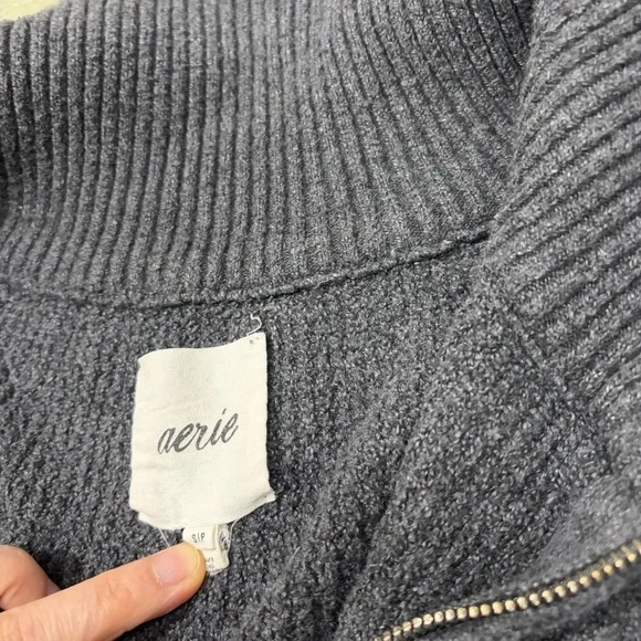 Aerie Women's Sweater CozyUp Waffle Knit Quarter Zip Gray Boxy Oversized Sz S - Picture 5 of 8
